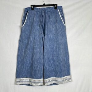 Roller Rabbit Pants Size XL Blue 100% Cotton Embroidered Crop